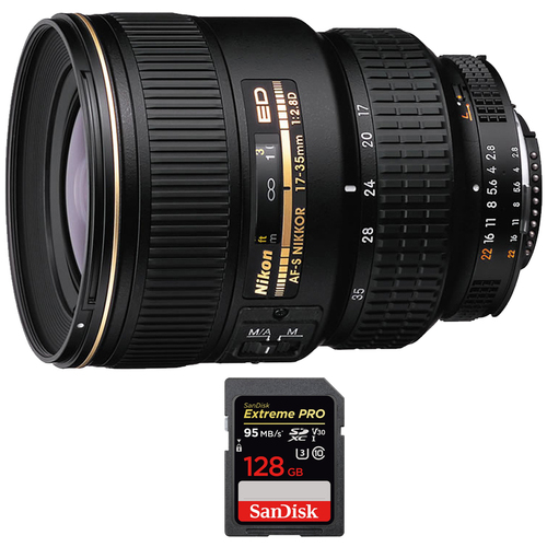 Nikon 17-35mm F/2.8D ED-IF Zoom-Nikkor AF Lens with SDXC 128GB UHS-1 Memory Card