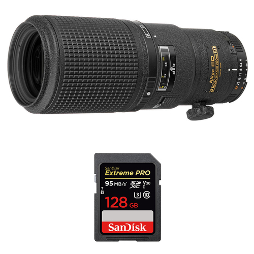 Nikon 200mm F/4D AF Micro Nikkor Lens w/ Sandisk 128GB Memory Card