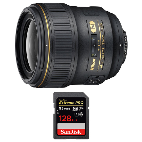 Nikon AF-S NIKKOR 35mm f1.4G Lens w/ Sandisk SDXC 128GB Memory Card