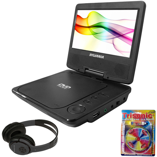 Sylvania Port. DVD Player 7` Swivel Screen Black w/ Bluetooth Headphones Bundle