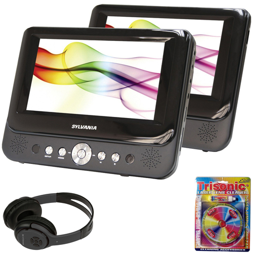Sylvania 7` Dual Screen Portable DVD Player with Bluetooth Headphones Bundle