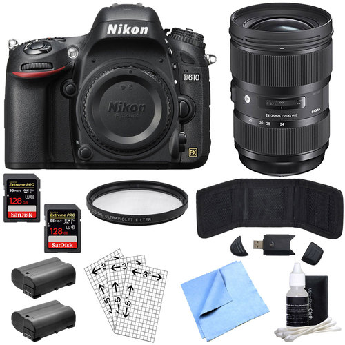 Nikon D610 FX 24.3MP 1080p video DSLR Camera-Body & Sigma 24-35mm Lens Power Bundle