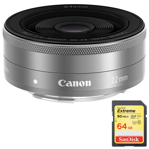 Canon EF-M22mm F2 STM (SL) Camera Lens with Sandisk 64GB Memory Card