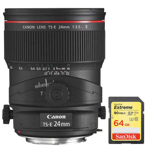 Canon TS-E 24mm f/3.5L II Ultra-Wide Tilt-Shift Manual Focus Lens w/ 64GB Memory Card