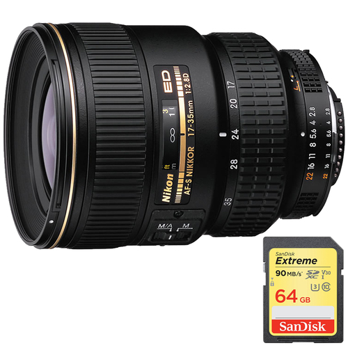 Nikon 17-35mm F/2.8D ED-IF Zoom-Nikkor AF Lens, With Nikon w/ 64GB Memory Card