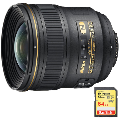 Nikon 24mm F/1.4G ED AF-S Wide-Angle Lens with Sandisk 64GB Memory Card