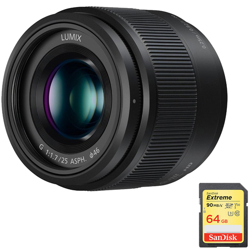 Panasonic Lumix G 25mm f/1.7 ASPH. Lens (Black) with Sandisk 64GB Memory Card