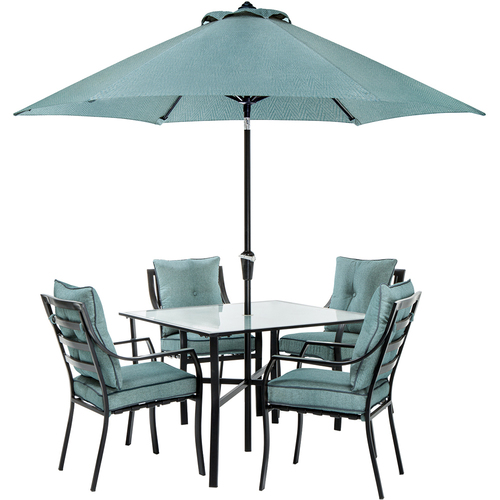 Hanover Lavallette 5-Piece Dining Set with Table Umbrella and Stand - LAVDN5PC-BLU-SU