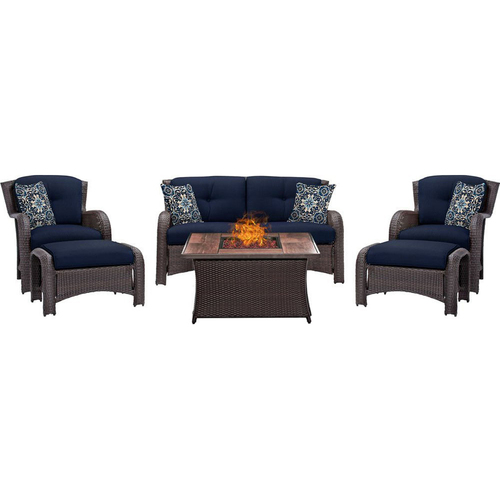 Hanover Montana 6-Piece Lounge Set in Navy Blue w/Fire Pit Table - MON6PCFP-NVY-WG