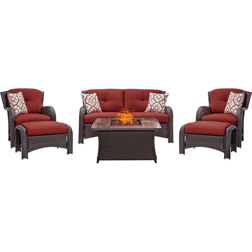 Hanover Montana 6-Piece Lounge Set in Crimson Red w/ Fire Pit Table - MON6PCFP-RED-WG