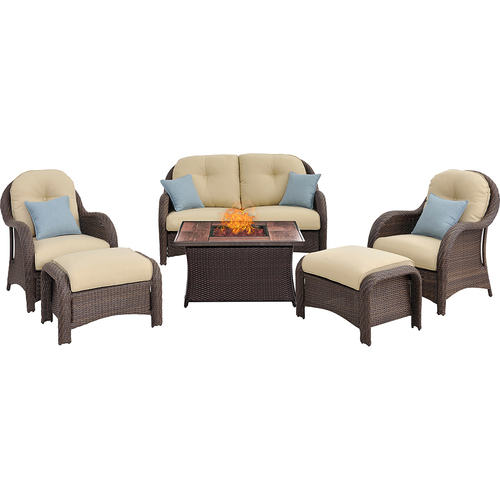Hanover Newport 6-Piece Woven Seating Set with Wood Grain Tile Top - NEWPT6PCFP-CRM-WG