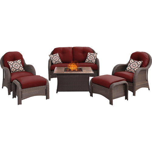 Hanover Newport 6-Piece Woven Seating Set w/ Tan Porcelain Tile Top - NEWPT6PCFP-RED-TN