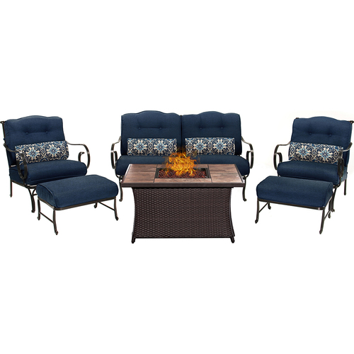 Hanover Oceana 6-Piece Woven Fire Pit Set with Tan Porcelain Tile Top - OCE6PCFP-NVY-TN