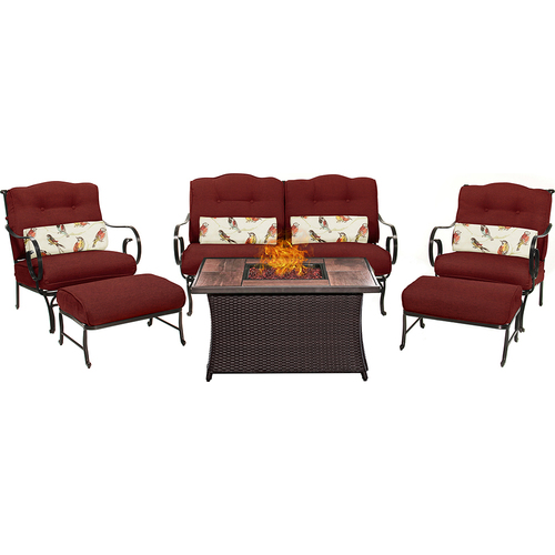 Hanover Oceana 6-Piece Woven Fire Pit Set with Wood Grain Tile Top - OCE6PCFP-RED-WG