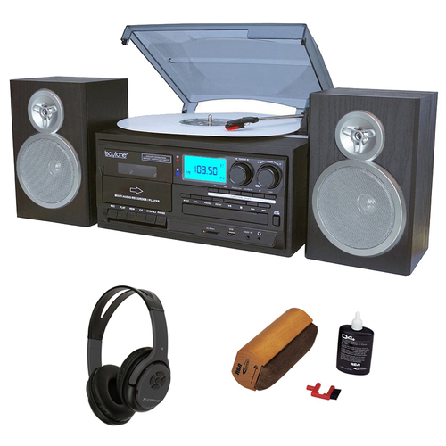 Boytone Bluetooth Calssic Style Record Player Turntable + Bluetooth Headphones Bundle