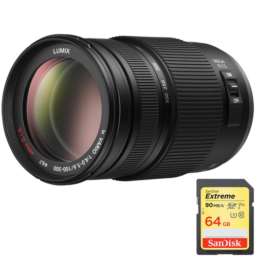 Panasonic LUMIX G VARIO 100-300mm / F4.0-5.6 MEGA O.I.S. Lens w/ 64GB Memory Card