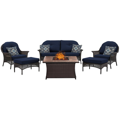 Hanover San Marino 6-Piece Fire Pit Lounge Set in Navy Blue - SMAR6PCFP-NVY-TN