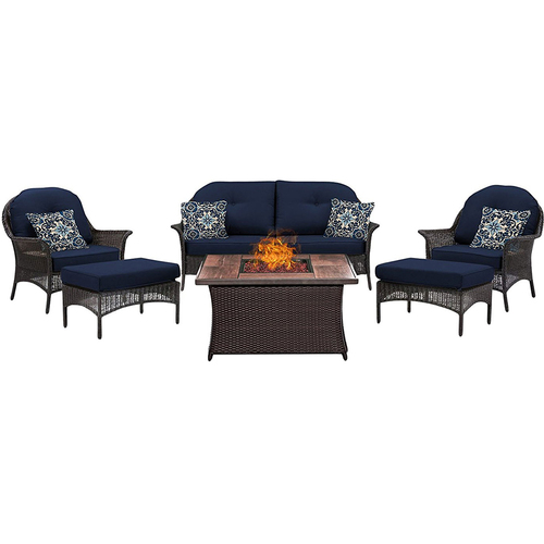 Hanover San Marino 6-Piece Fire Pit Lounge Set in Navy Blue - SMAR6PCFP-NVY-WG