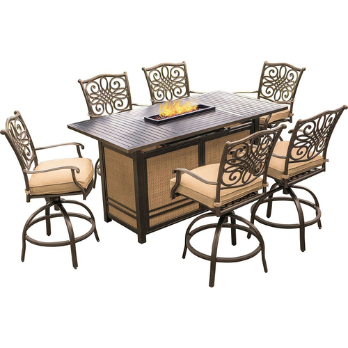 Hanover Traditions 7-Piece High-Dining Bar Set in Tan w/Fire Pit Bar Table - TRAD7PCFPBR
