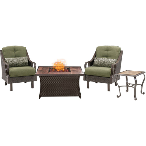 Hanover Ventura Fire Pit Chat Set with Wood Grain Tile Top - VEN3PCFP-GRN-WG