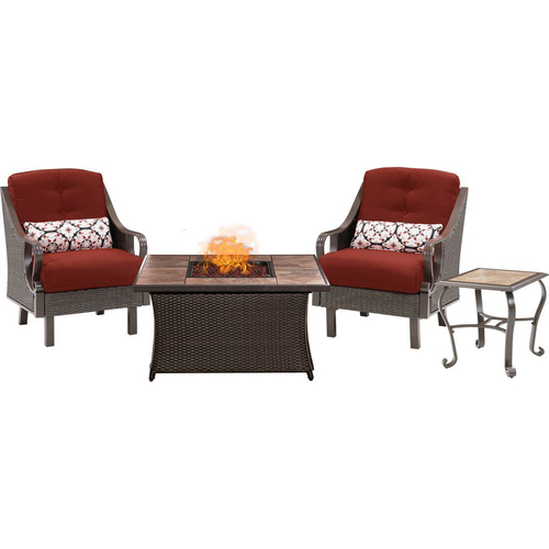 Hanover Ventura Fire Pit Chat Set with Tan Porcelain Tile Top - VEN3PCFP-RED-TN