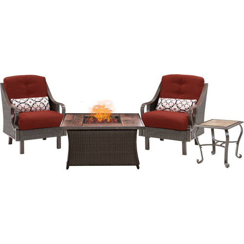 Hanover Ventura Fire Pit Chat Set with Wood Grain Tile Top - VEN3PCFP-RED-WG