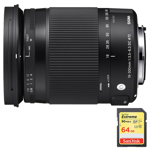 Sigma 18-300mm F3.5-6.3 DC Macro OS HSM Lens for Nikon DX Cameras w/64GB Memory Card