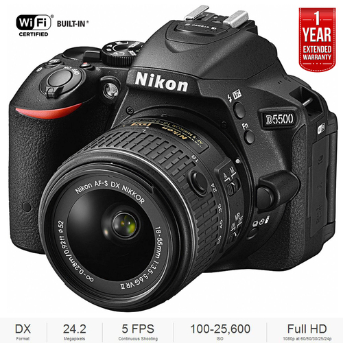 Nikon D5500 DX-format DSLR w/18-55mm VR II Black Refurbished +1 Year Extended Warranty
