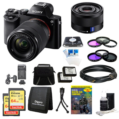 Sony Alpha 7K a7K Digital Camera, 35mm Lens, 2 64GB SDXC Cards, 2 Batteries Bundle