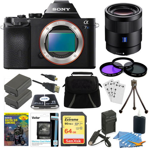 Sony ILCE-7S/B a7S Full Frame Camera, 55mm Lens, 64GB SDXC Card, 2 Batteries Bundle