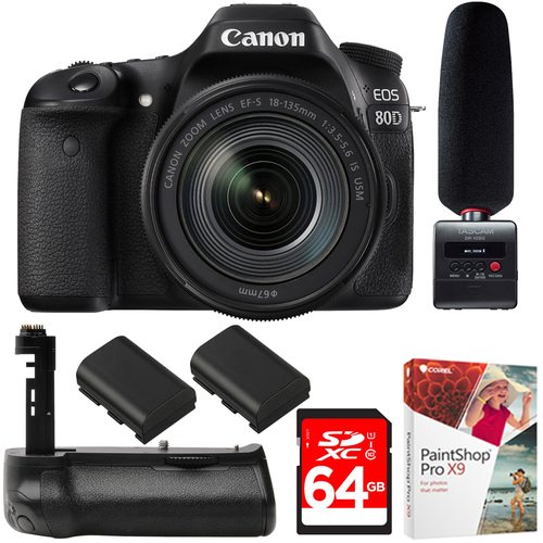 Canon EOS 80D CMOS DSLR Camera + USM Lens +Tascam Audio Recorder & Microphone Kit