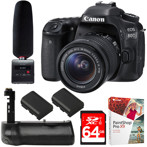 Canon EOS 80D CMOS DSLR Camera + STM Lens +Tascam Audio Recorder & Microphone Kit