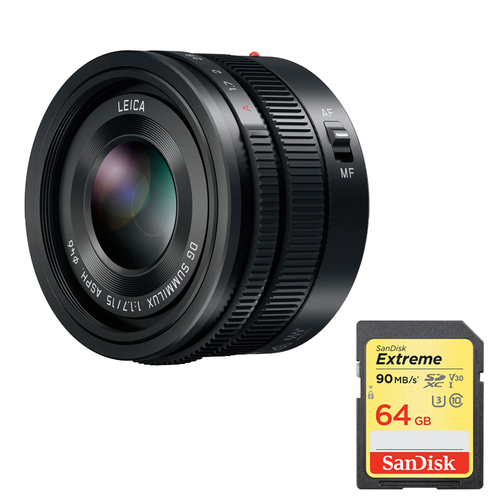 Panasonic LUMIX G Leica DG Summilux 15mm f/1.7 ASPH Lens with 64GB Memory Card
