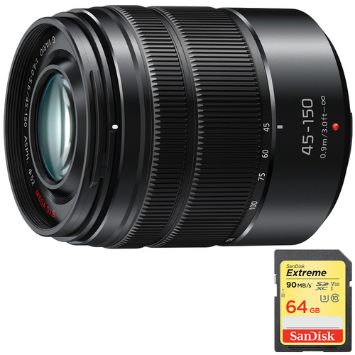 Panasonic LUMIX G VARIO 45-150 mm Black Lens with Matte Finish w/ 64GB Memory Card