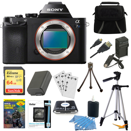 Sony ILCE-7S/B a7S Full Frame Camera 64GB SDXC Card, Battery & Tripod Bundle