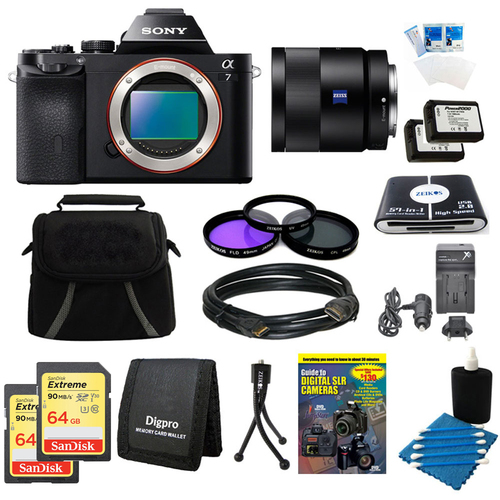 Sony Alpha 7 a7 Digital Camera, 55mm Lens, 2 64GB SDXC Cards, 2 Batteries Bundle