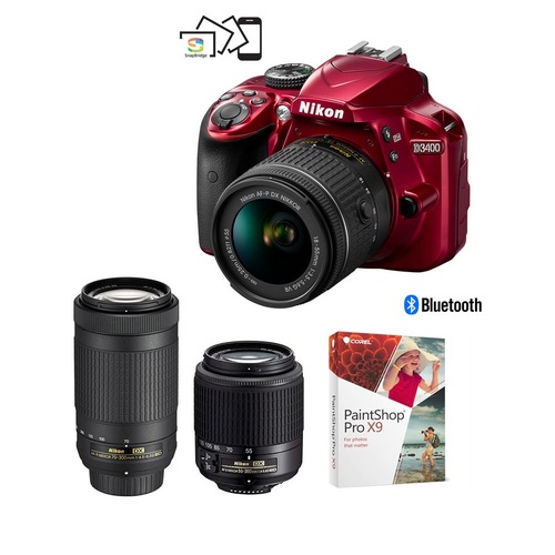 Nikon Refurbished D3400 24.2MP DSLR Camera w/ 18-55 VR, 70-300 and 55-200 Lenses (Red)