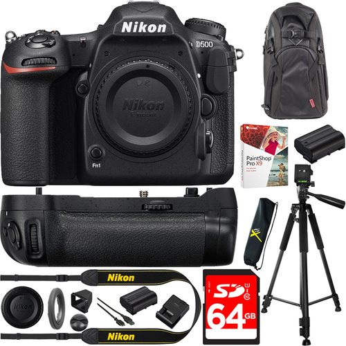 Nikon D500 DSLR 4K Camera Body w/ Nikon MB-D17 Battery Pack 64GB Card, Tripod Bundle