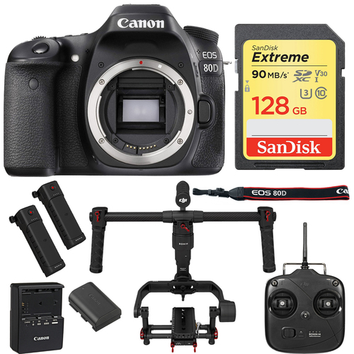 Canon EOS 80D 24.2 MP CMOS DSLR Camera with DJI Ronin-M Gimbal plus 128GB Kit