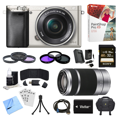 Sony Alpha a6000 Silver Camera with 16-50mm, 55-210mm Lenses and Accessories Bundle