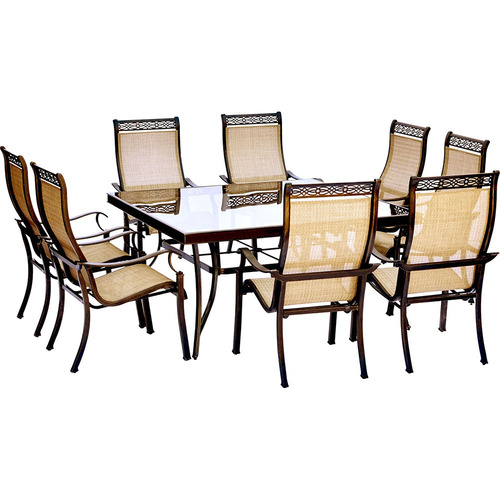 Hanover Monaco 9PC Dining Set: 6 Sling Chairs and 60  Square Glass Tbl