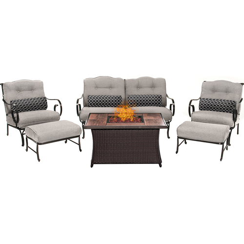 Hanover Oceana 6pc Fire Pit Set with Wood Grain Tile Top