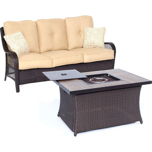 Hanover Orleans2pc FP Seating Set: Sofa Fire Pit Coffee Tbl + Wood Grain Tile