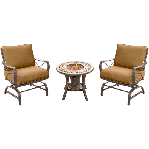 Hanover Summer Nights 3PC Seating Set: 2 Aluminum Rockers with Cast Fire Urn