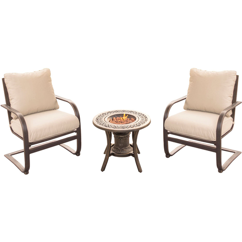 Hanover Summer Nights 3PC Seating Set: 2 Aluminum Spring Chrs with Cast Fire Urn