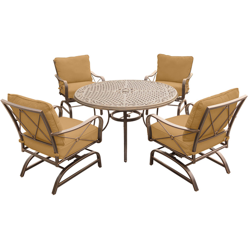 Hanover Summer Nights 5PC Dining Set: 4 Aluminum Rockers with 48  Cast Table