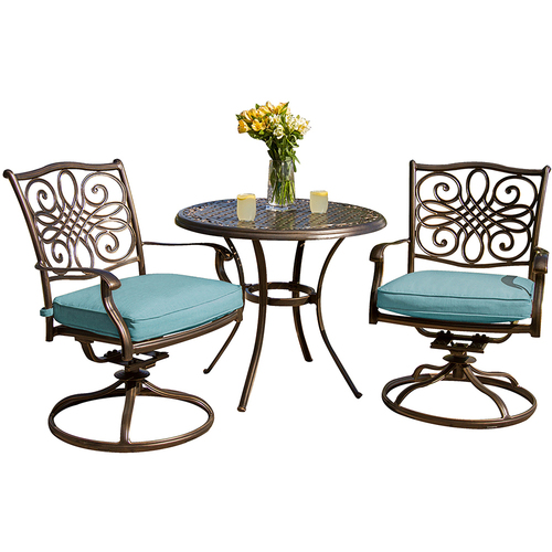 Hanover Traditions 3pc Dining Set:32 Cast Round Table2 Chair Rockersblue cush