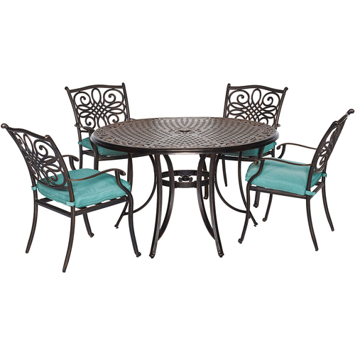 Hanover Traditions 5pc Dining Set:48  Round table4 dining chaisblue cushions