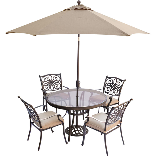 Hanover Traditions 5PC Dining Set: 4 Chairs 48  Glass Table Umbrella and Stand