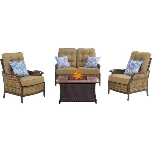 Hanover Hudson Sq 4pc Fire Pit Set with Wood Grain Tile Top